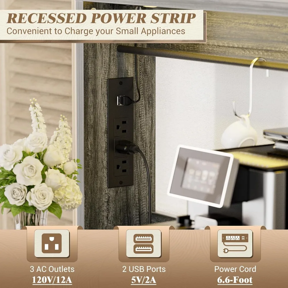 Farmhouse Style Coffee Bar Cabinet with Charging Station, LED Lighting, and Customizable Storage, Charming Buffet Hutch for Mode