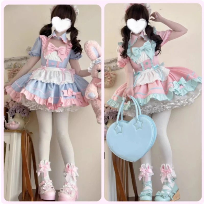 

ABDL аниме японская готика Лолита сладкий милый фартук с бантом и пышными рукавами платье горничной комплект Хэллоуин вечерние каваи костюмы для косплея S-5XL