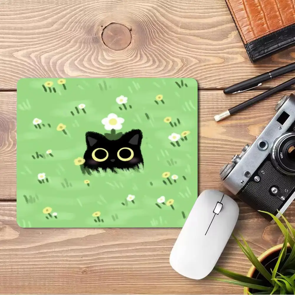 Gaming Mousepad Cute Black Cat Grass Flower Art Small Deskmat Anti‑slip Lock Edge E‑sports Mouse Pad Pc Laptop Gamer Accessoires