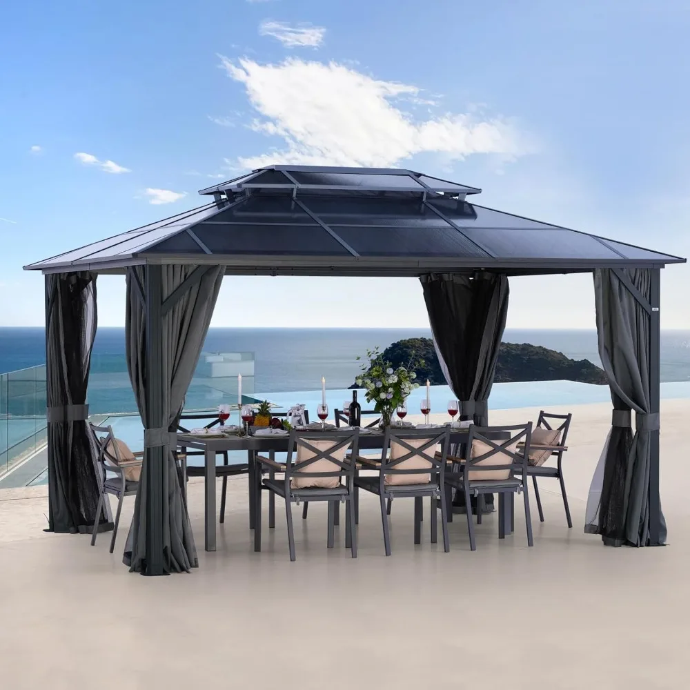 

10' X 13' Hardtop Gazebo, Outdoor Permanent Polycarbonate Double Roof Canopy with Breathable Netting & Privacy Curtain