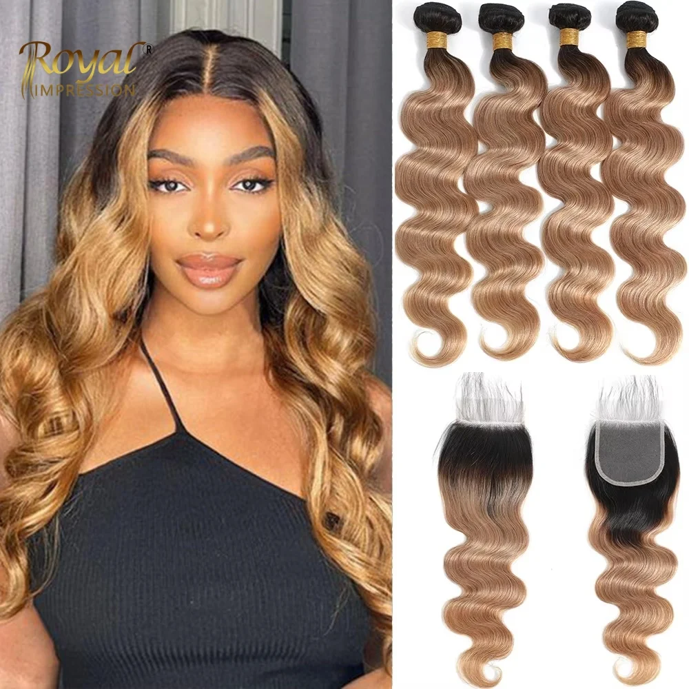 

Ombre Brazilian Human Hair Bundles With Closure 1B/27 Blonde Colored Bundles With Closure Body Wave Bundles With Closure