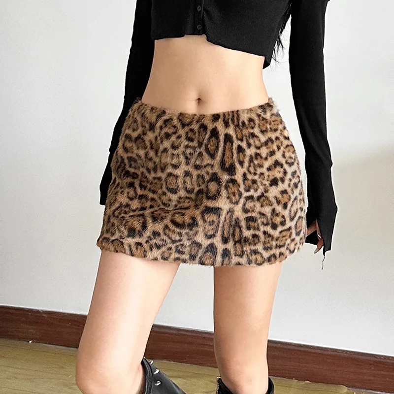 2025 Leopard Fur Skirts Women Y2k Punk Gothic Bandage Lace-up Mini Skirts Hot Girl Fashion Streetwear Autumn Harajuku Clothing