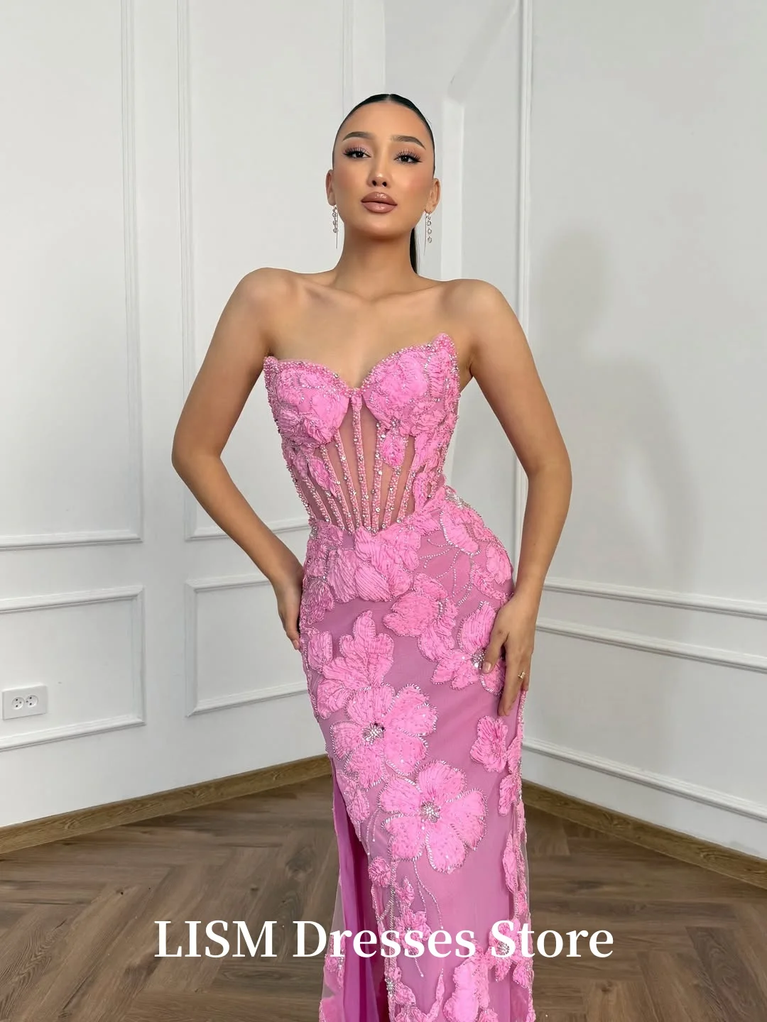 فساتين سهرة بحورية البحر على شكل قلب وردي من LIAM فساتين حفلات طويلة أنيقة من الدانتيل الحريري فساتين حفلات الزفاف فستان المساء