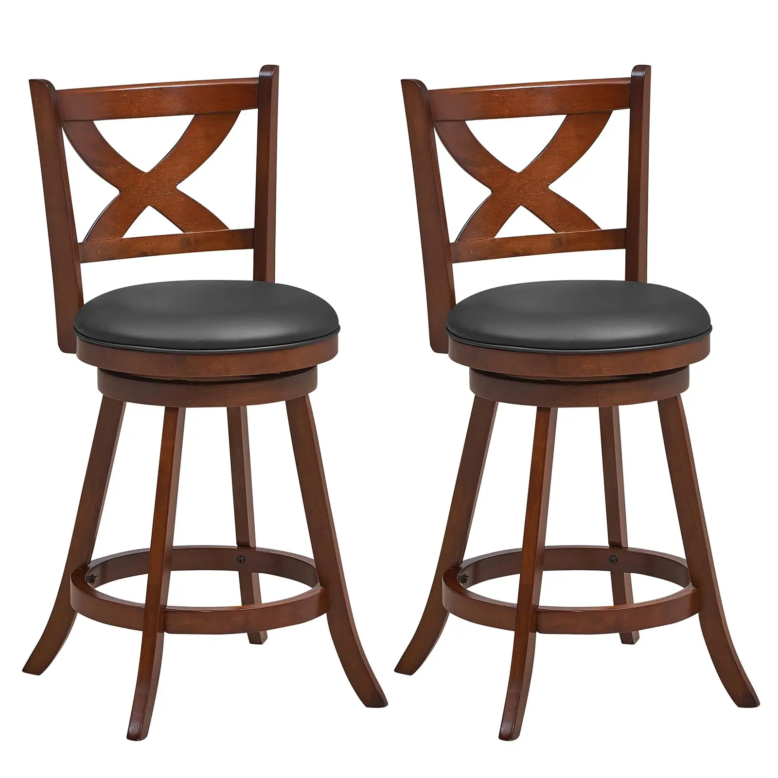 Bar Stools Set of 2, 24 Inch Classic Counter Height Chairs with X-Shaped Open Back, 2 PCS Swivel Barstool Set for