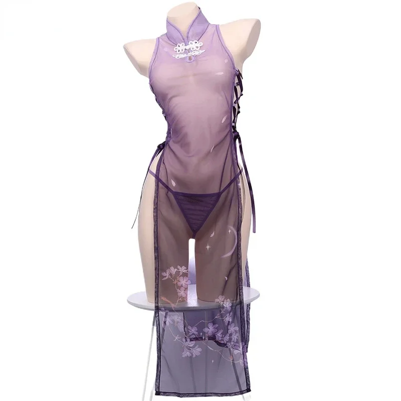 Anime Sakura Cheongsam Unform Cosplay Women Mesh Transparent Flower Dress Purple Qipao Temperament Lingerie Erotic Costume