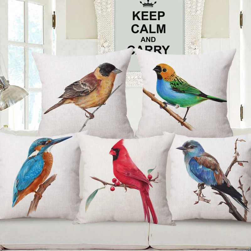 European Bee Eater Roller Bird Goldfinch Black Headed Bunting Kingfisher Drawing Print Decorative Cushion Cover Pillow Case