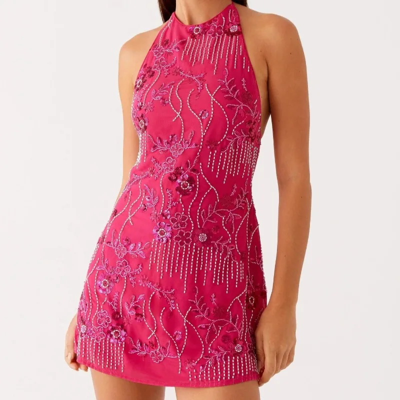 Mini abito con fiori ricamati con paillettes di perline Abito da donna con lacci senza schienale senza maniche Abiti estivi sexy Abito da donna per le vacanze di moda