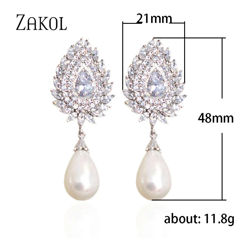 ZAKOL Vintage White Imitation Pearls Dangle Earrings for Women Luxury Water Drop Zircon Bridal Wedding Jewelry