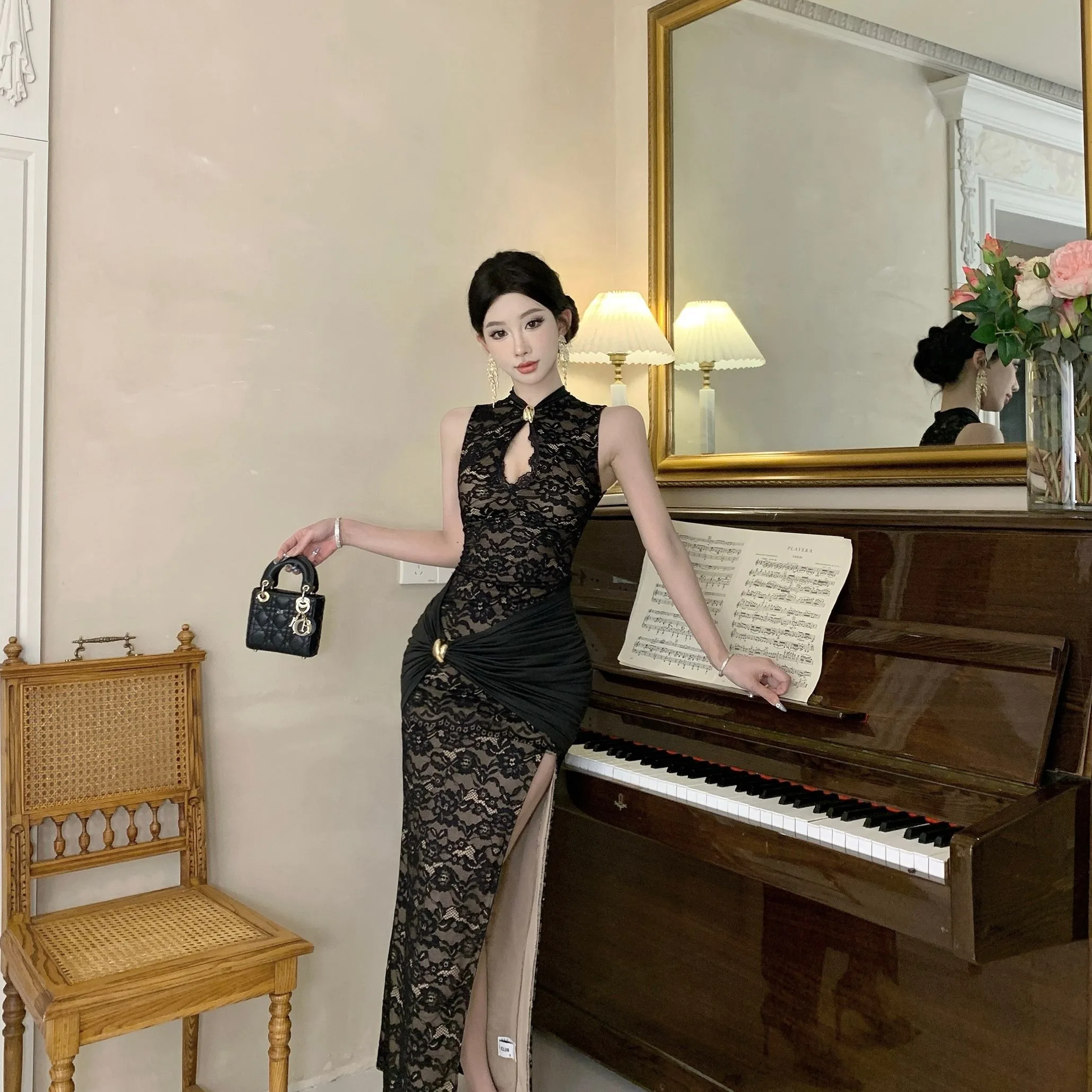 Spicy Girl Lace Slit Dr Vintage Sle Gonna lunga Spacco alto Traspirante No Sve Faion da donna Autunno Nuovi arrivi