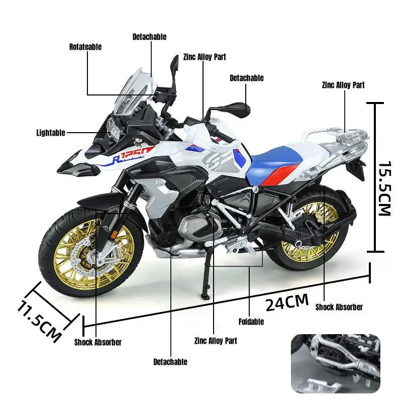 1/9 BMW R1250 GS Toy Motorcycle Model For Children Diecast Metal Motorbike Vehicle Miniature Lightable Collection Gift For Boys