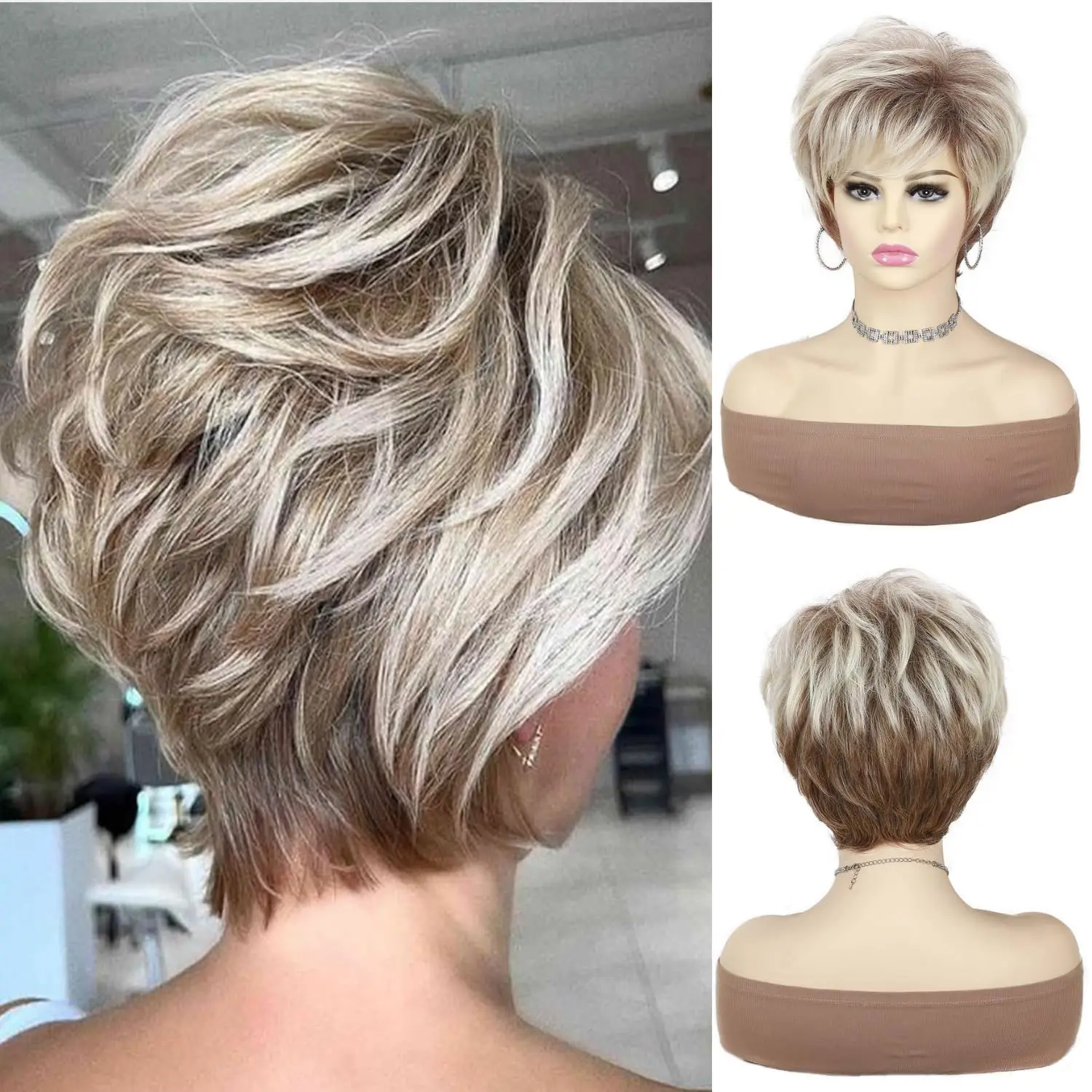 Short Blonde Pixie Cut Wig for White Women, Layered Ombre Blonde Synthetic Wig with Bangs, Natural Looking Short Hair Wig