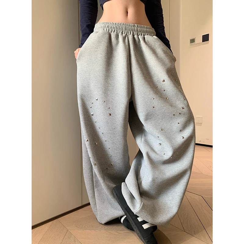 

Retro American Wafer Grid Design Wide Leg Sweatpants Women's Casual Loose Lazy Drape Straight Tube Long Pants Polyester Fiber