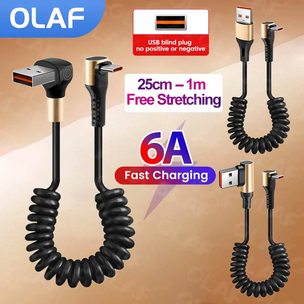 Câble à ressort USB vers Type C, coude à 90 degrés 6A, pour iPhone 15 16, avec Carplay, 1M, rétractable, 66W, USB C, charge rapide, câble de données