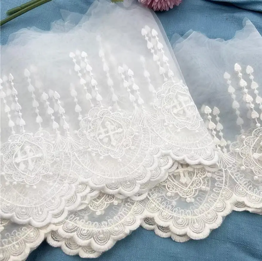 18cm France Style Apricot /White Wave Edge Mesh Flow Heart Falling Holy Cross Embroidery Lace Trim DIY Clothing Accessories X714