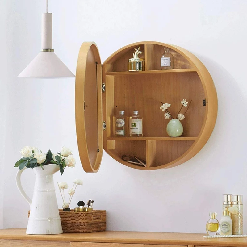 

Round Sliding Bathroom Mirror Cabinet Bedroom Wall Storage Cabinet Mirror Medicine Cabinet With Slow-Close Wooden Frame Levels