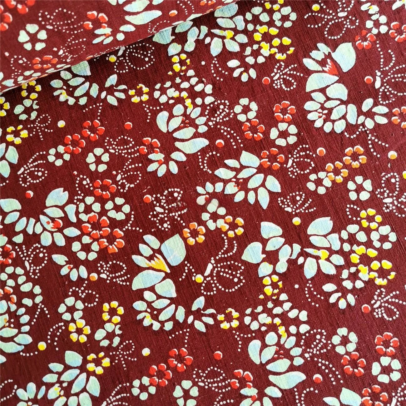 Handmade Homespun Hand-Woven Fabric, Printing, Dyeing, 100% Cotton Table Cloth, Patchwork Materials,Flowers Pattern, Red, 23/147