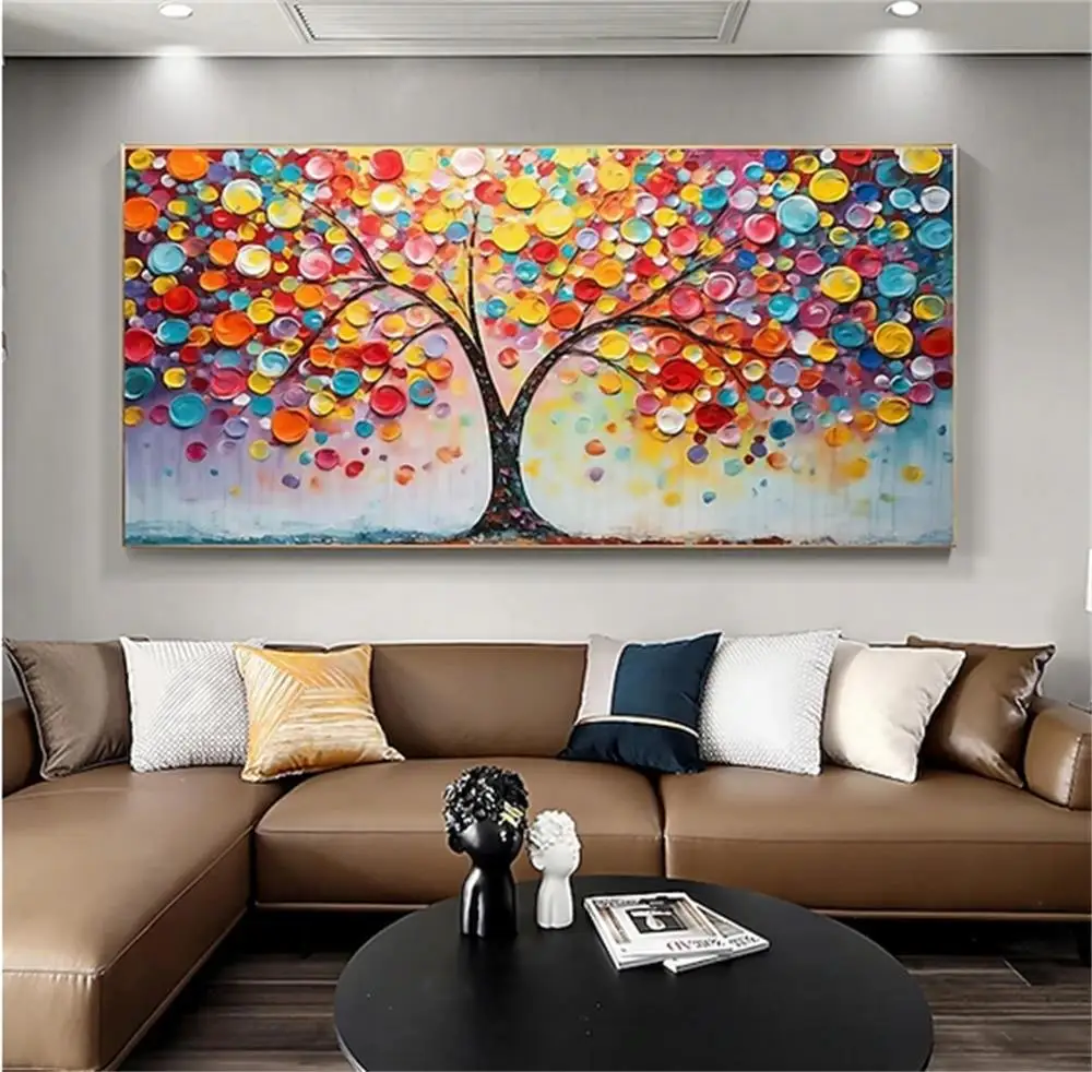 Custom Modern Luxury Handmade Large Abstract Colorful Tree Textured Landscape Oil Painting for Home Living Room Wall Art Decor