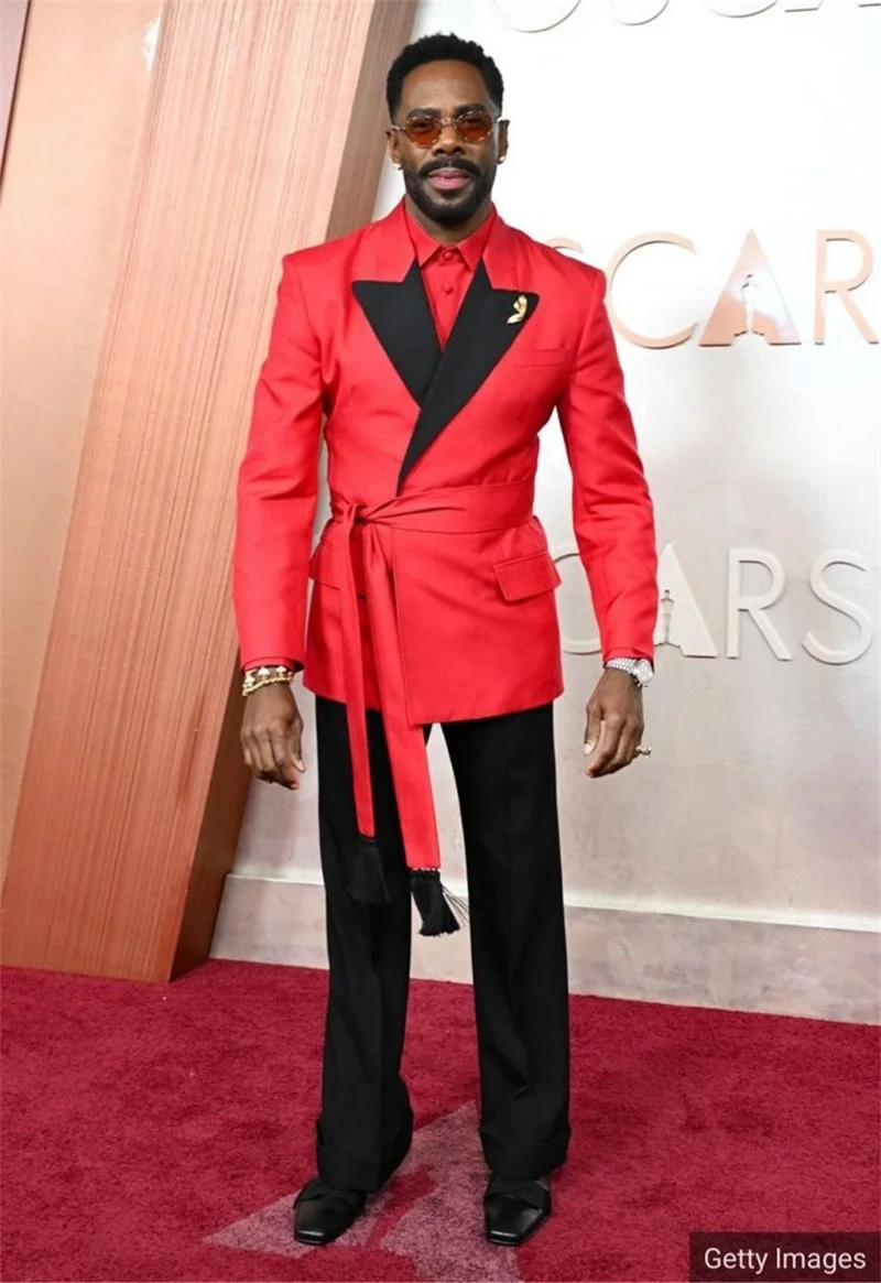 

Red Men Suit Set 2 Piece Belted Blazer+Pants Trousers Wedding Tuxedos Male Prom Coat Customized Cotton Formal Office Jacket
