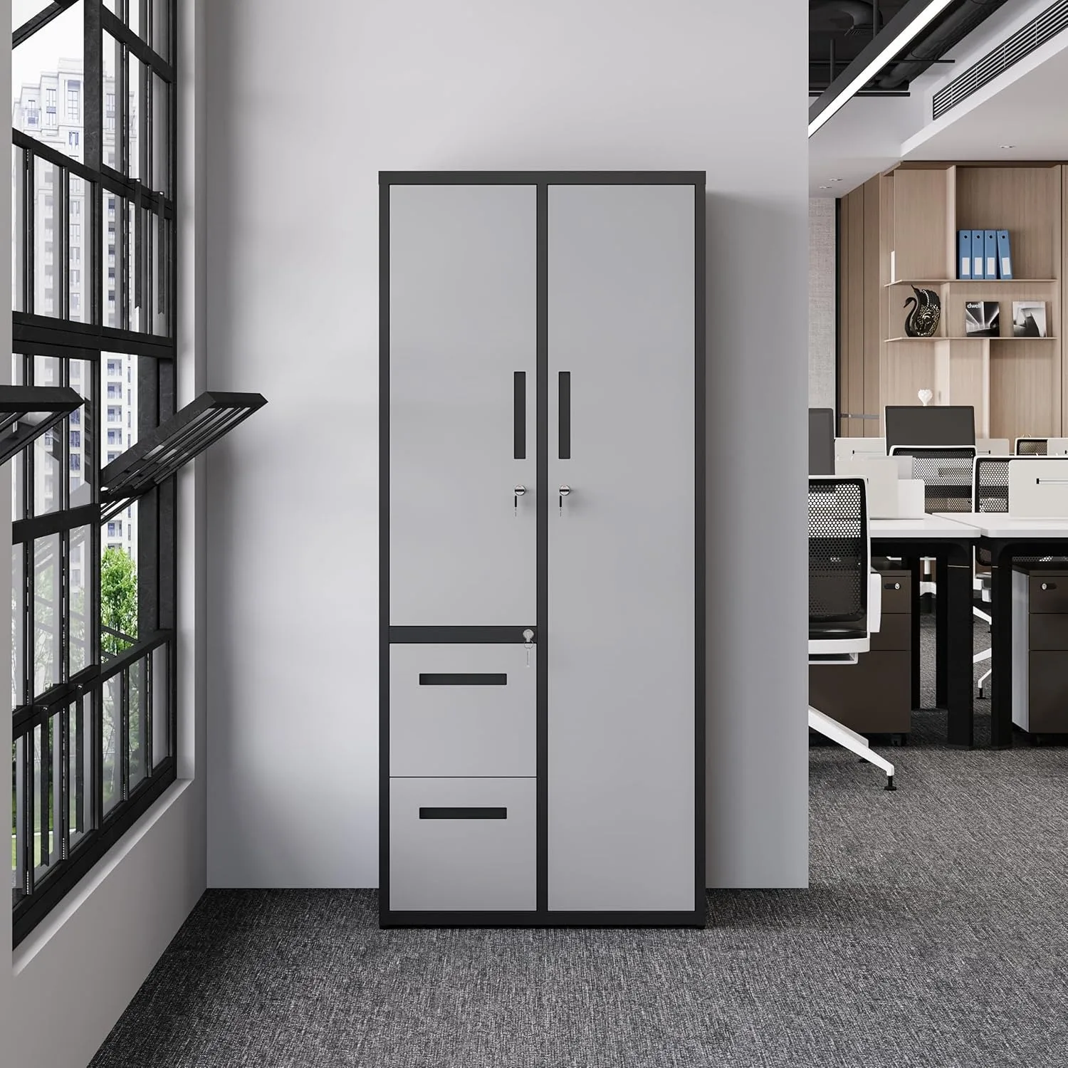 Metal Storage Cabinets with Drawers, Staff Locker with Lock Door and Shelves-Wardrobe Clothing/File/Tool Storage (Grey Black)