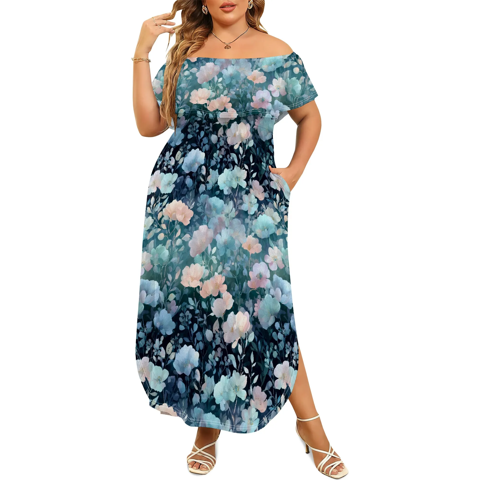 

Vestido largo con hombros descubiertos y cintura ajustada para mujer, ideal para verano, fiestas o salidas elegantes