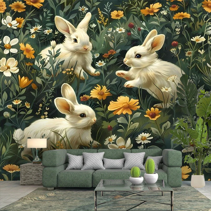 1PC White Bunnies Wildflower Oil Art Print Backdrop Banner, Bedroom Living Room Photo Background, Polyester, Home Decor, Wall Ar