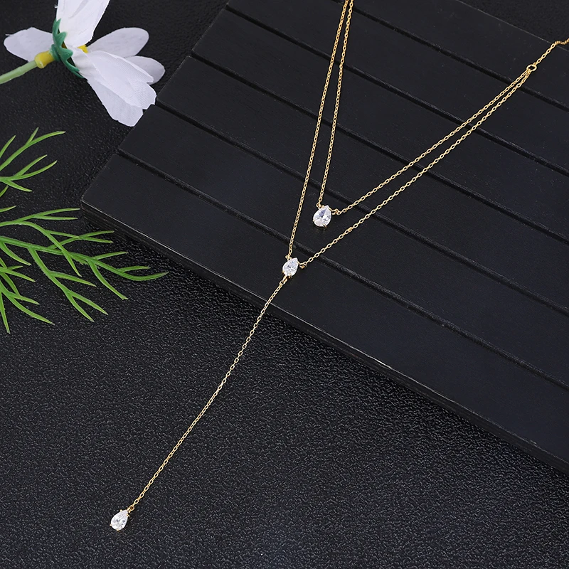 Luxury Double Layer Long Pendant Waterdrop Choker Necklace For For Women Wedding Bridal Cubic Zircon Dubai Jewelry N150