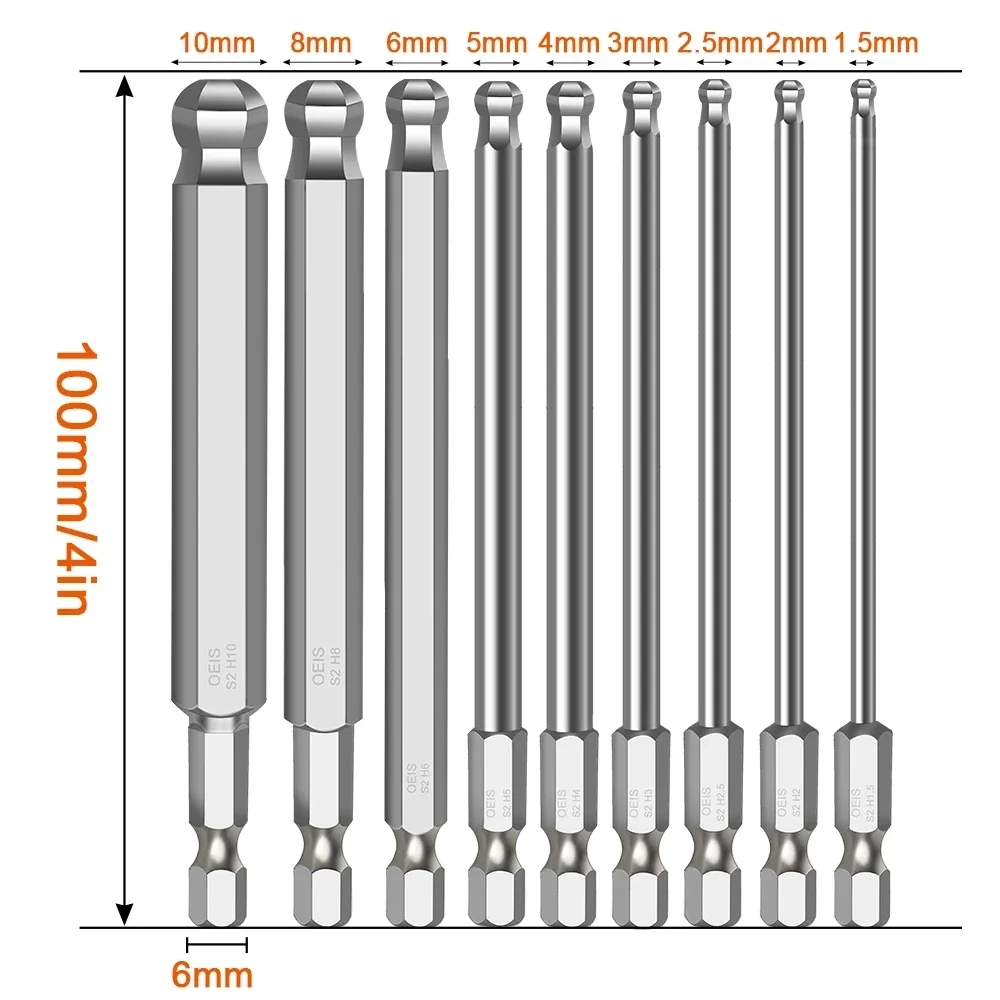 Conjunto de Bits de Chave de Fenda Sextavada com Extremidade Esférica Broca Sextavada Allen Métrica de 100 mm de Comprimento Broca Magnética de Cabeça Esférica