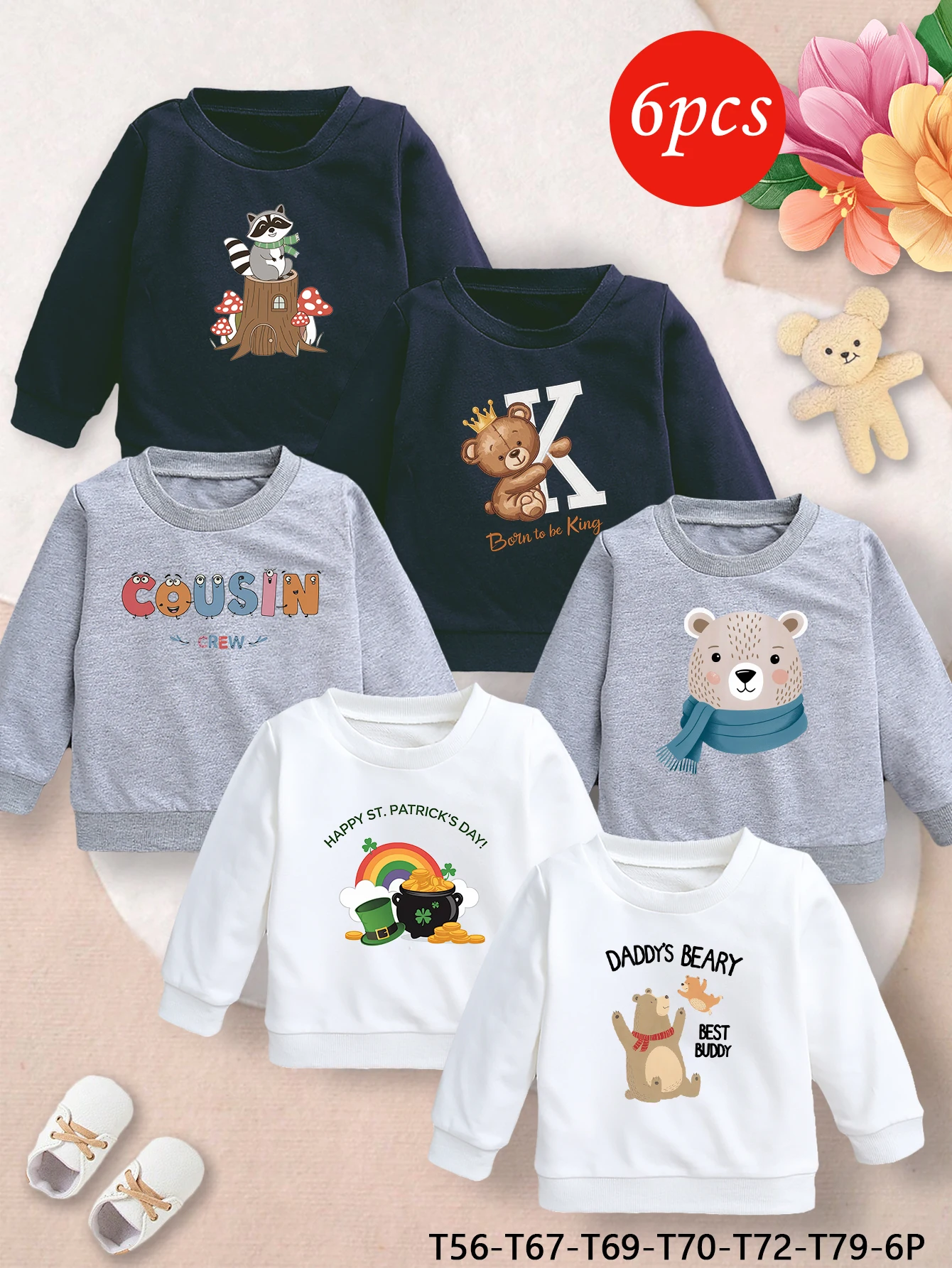 

6PCS Autumn and winter new style cute panda cat cartoon print sweatshirt for baby boys Soft cotton casual sports sweatshirt