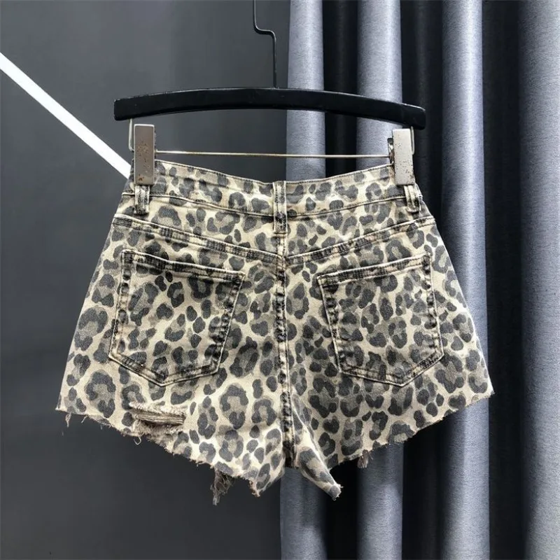 Y2k Clothing 2000s Leopard Print Shorts Denim Shorts Jeans Women Trendy Ripped High-waist Denim Wide-leg Pants Summer Streetwear