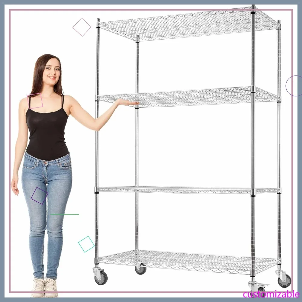 

Прочные передвижные проволочные стеллажи на колесах, 4-ярусная полка для хранения для гаража, кухни, кладовой (48 дюймов x 24 дюйма x 76 дюймов, хром)