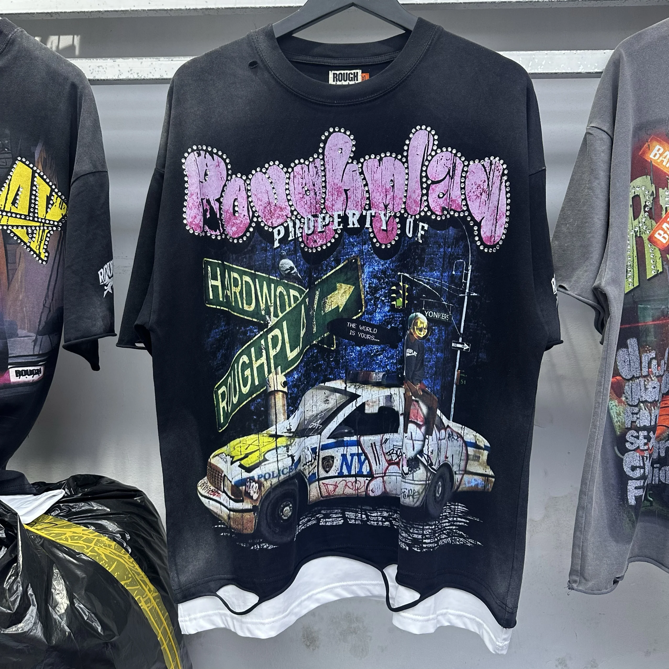 

Rouglay American Retro Waed Distred Loose Splice Sequin Hip Hop ort Sve T-irt Cotton Polyester Youth Casual Tee