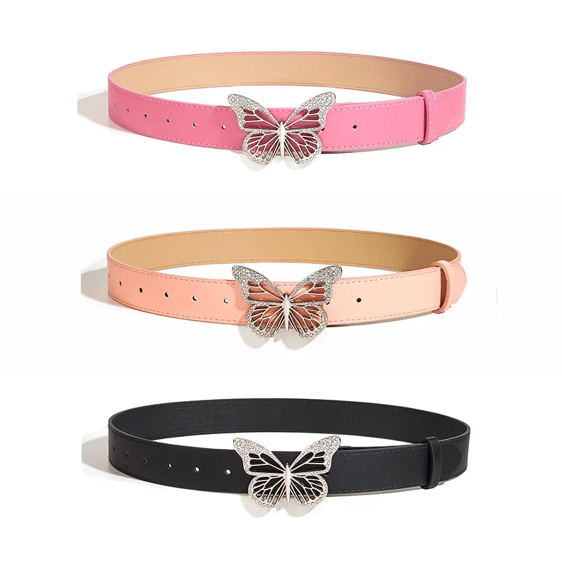 Korean-Style Exquisite Metal Butterfly Rhinestone Snap-Button Belt  Fashionable Trendy Versatile Minimalist Retro Belts