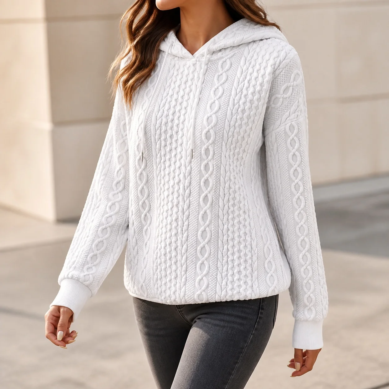 Women's And Women's Long Sleeve Oversized Knit Hoodie with Drawstring Jacquard Mid-Length Casual Women's Hoodie Solid Color