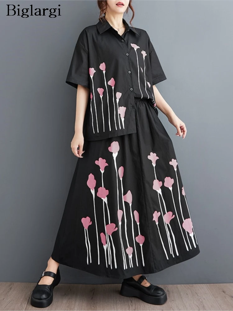 

Oversized Flower Print Summer 2 Two Piece Set Women Short Sleeve Fashion Ladies Shirts Ruffle Pleated Loose Woman A-Line Skirts