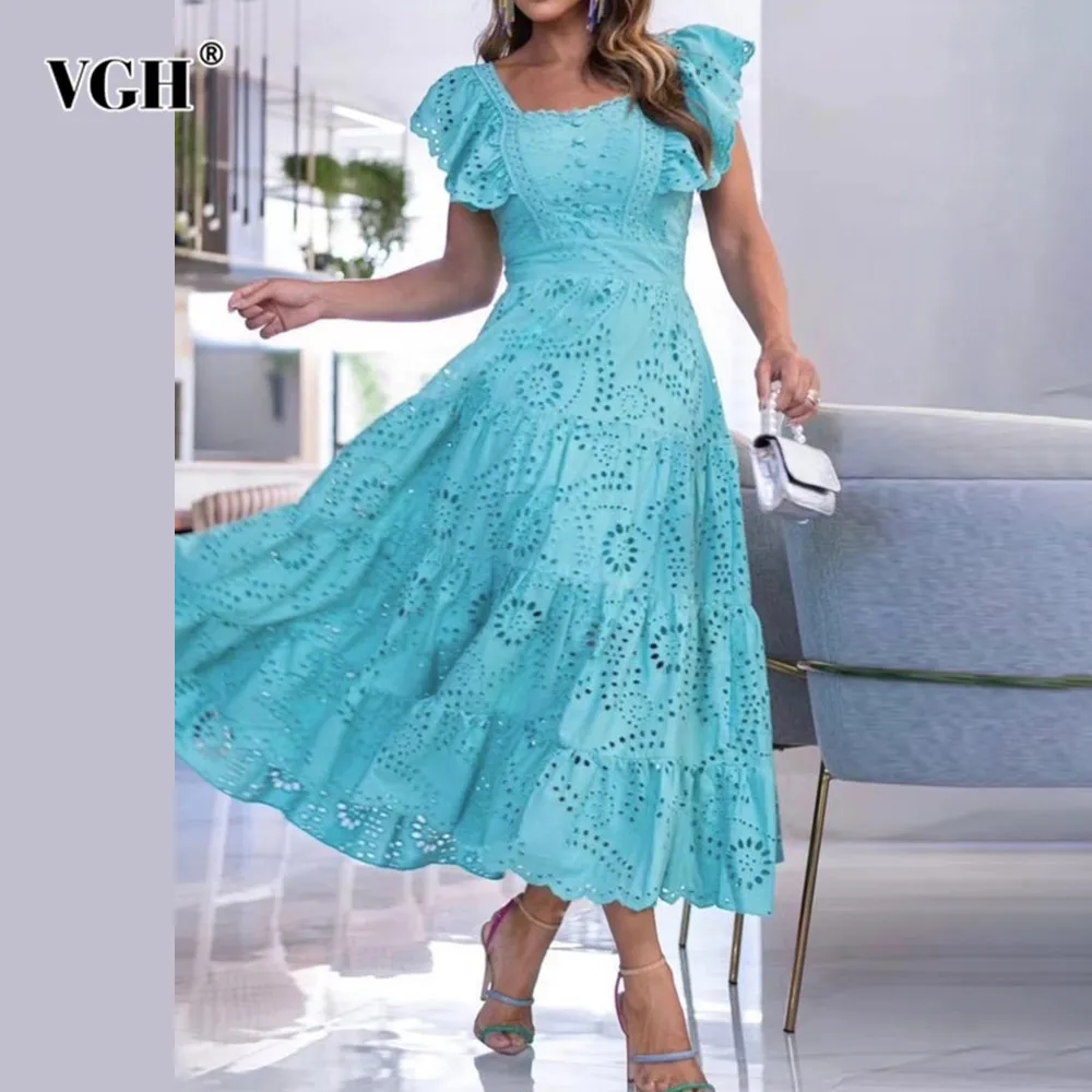 

VGH Solid Hollow Out Minimalist Dress For Women Square Collar Flying Sleeve High Waist Casual Long Dresses Female Fashion New