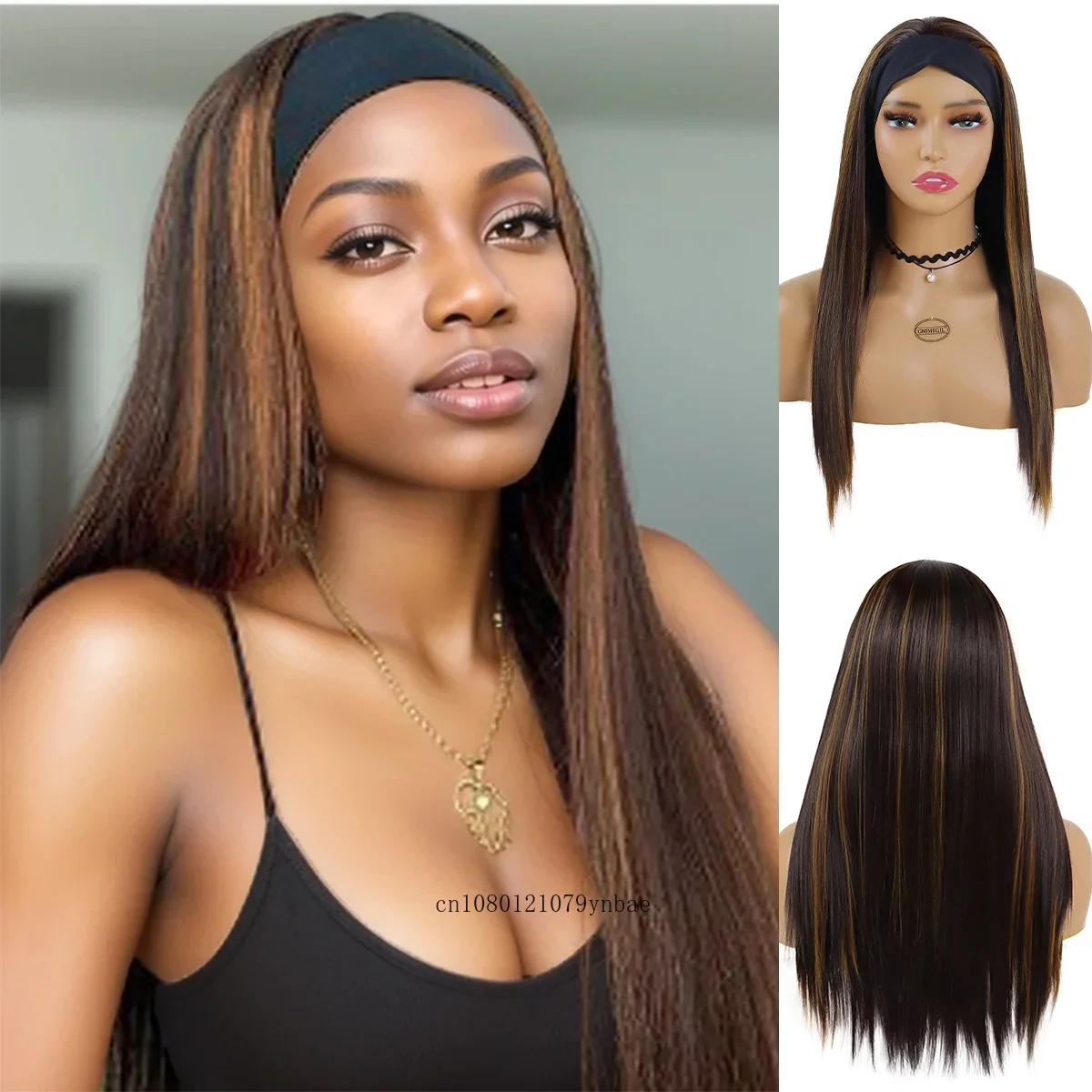 Synthetic Headband Wig for Women 23 Inch Long Brown Straight Scarf Wigs Heat Resistant Daily Costume Party Use Natural Looking