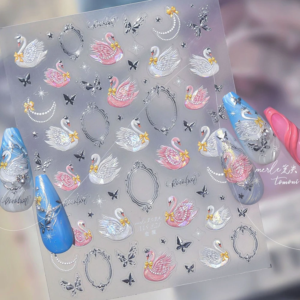 Princess Swan Crown Bow 5D Nail Art Stickers Silver Butterfly Irregular Frame White Pink Charming Swan Adhesive Manicure Decal