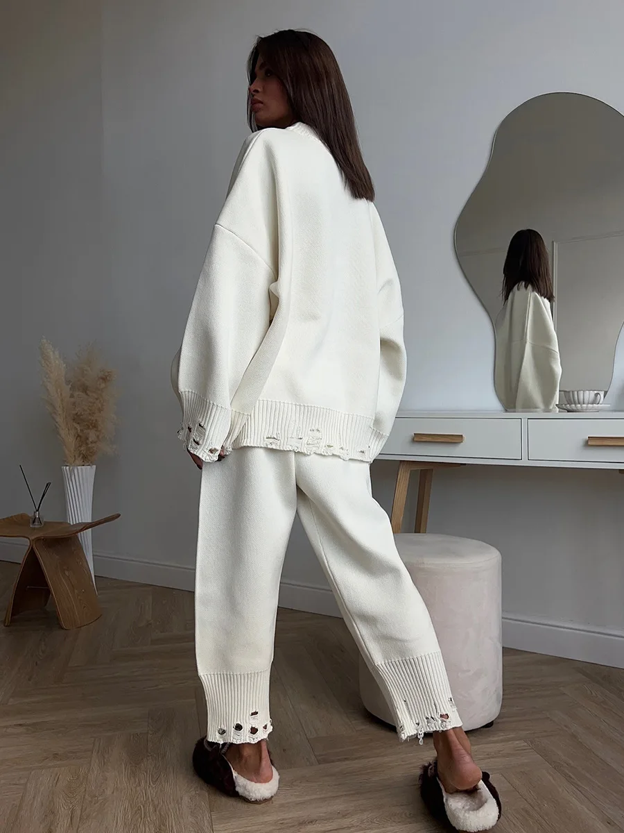 Bornladies Herbst-Winter Damen Neuer Rollkragen-Strickpullover mit Skinny-Strickhose Set, Weicher Oversized Pullover mit Abgerissenem Saum – Detail 6