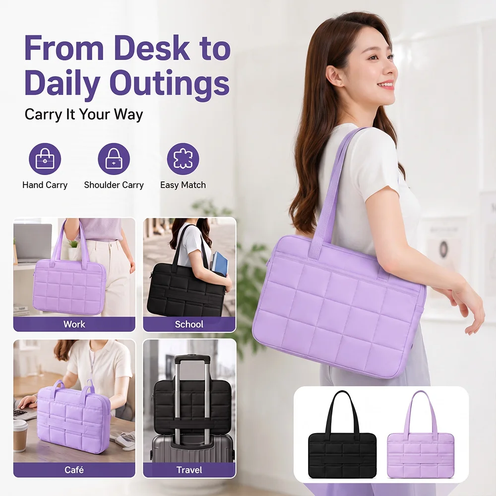 Quilted Padded Laptop Tote Bag For 15.6 Inch Shockproof Plush Lining Anti-scratch Anti-drop Notebook Handbag With Luggage Strap