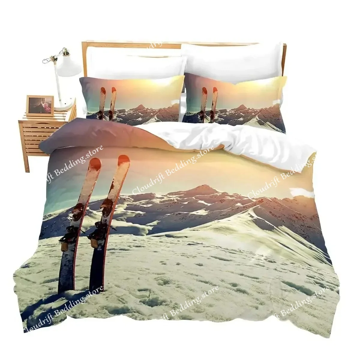 Ski Sports Duvet Cover Set Full Size Winter Sports Skiing Bedding Sets Snow Mountain Landscape Comforter Cover for Boys Girls