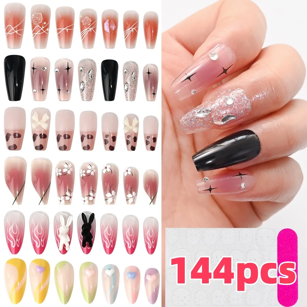 144 Uds. Juego de uñas postizas elegantes con flores y conejos en 3D, uñas postizas largas con forma de almendra/cuerna, sistema de colores mezclados, uñas postizas * 6 cajas