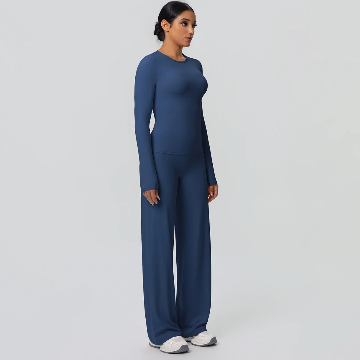 2 stück Frauen Gym Yoga Set Lauf Shirts Schlank Lange Ärmel Workout Top Schnell Trocknend Hohe Stretch Breite Bein Hosen dünne Yoga Set – Detail 17