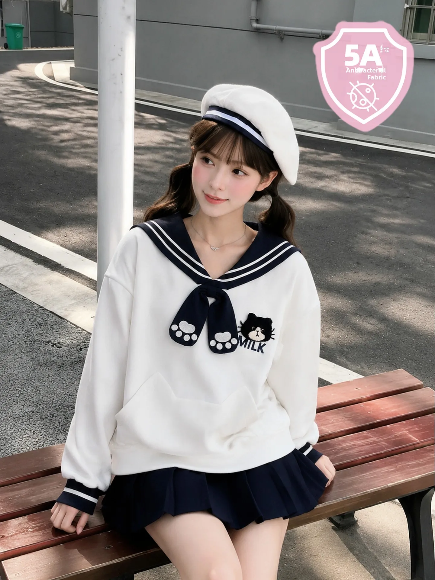 Loose Fit Navy Collar Sweatshirt Women's New Style College Wind Embroidered Cattle  Soft Sister Overhead Shirt Autumn
