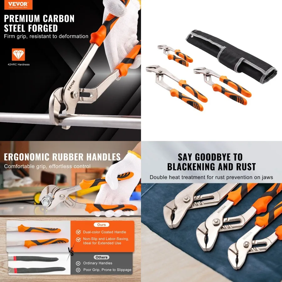 

VEVOR 3Pie Groove Joint Pliers Set 12 10 8 inch Heated High Carbon Steel Water Pump Pliers Button Quick Adjustable Pliers for H
