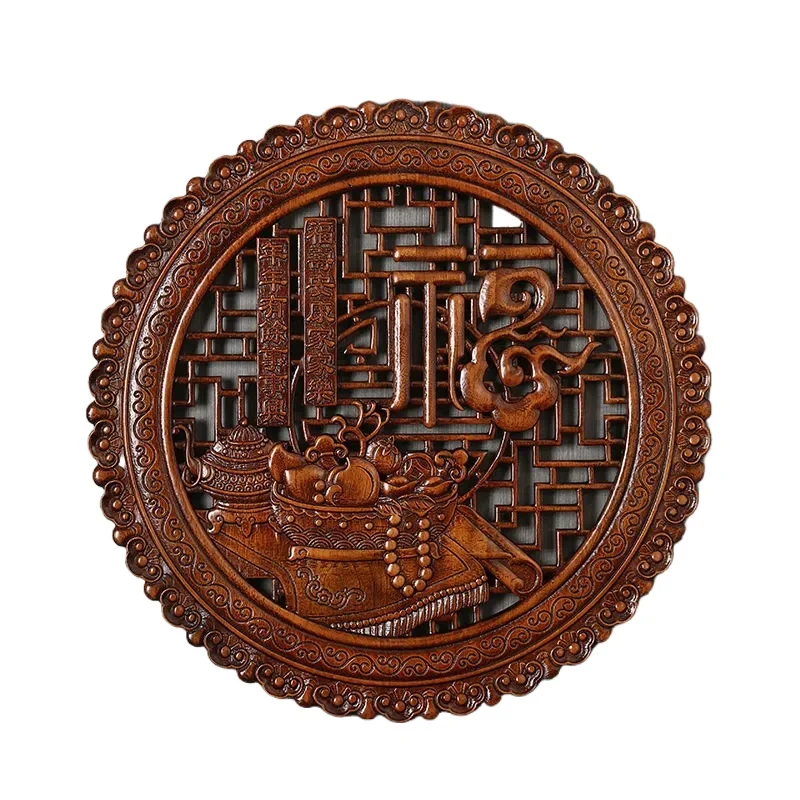 Pendant: solid wood round 'fortune' character floral window wall hanging background decoration, carved corner flower technique