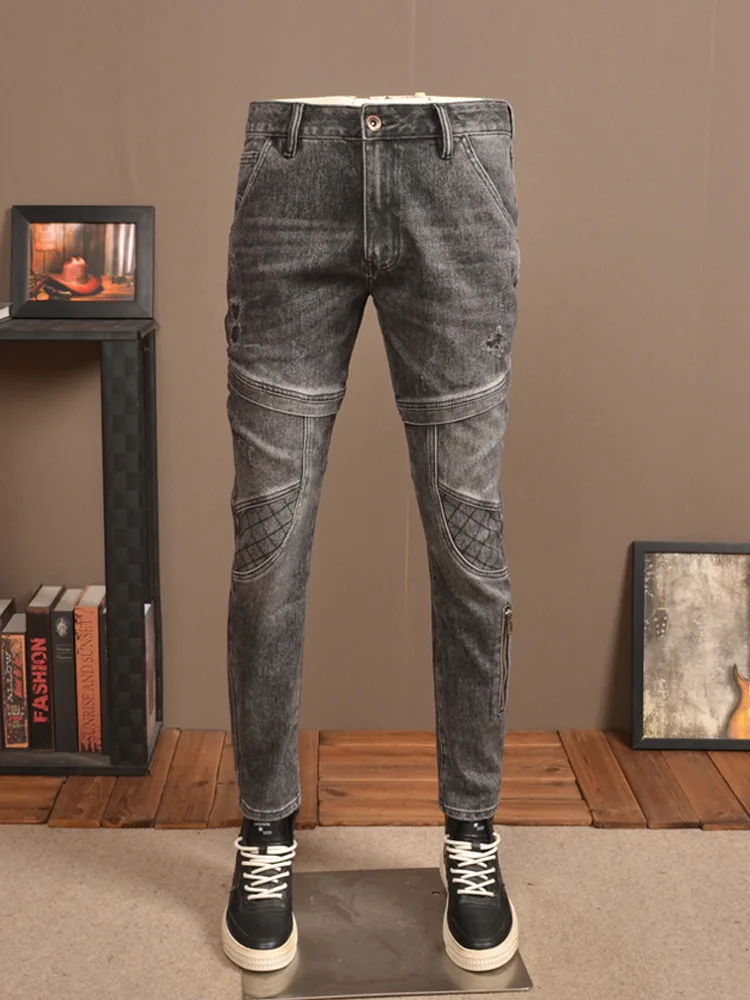 2024 New Spring Ripped Jeans Men's Stretch Skinny Fashion Retro Distressed Stitching Motorcycle Trousers