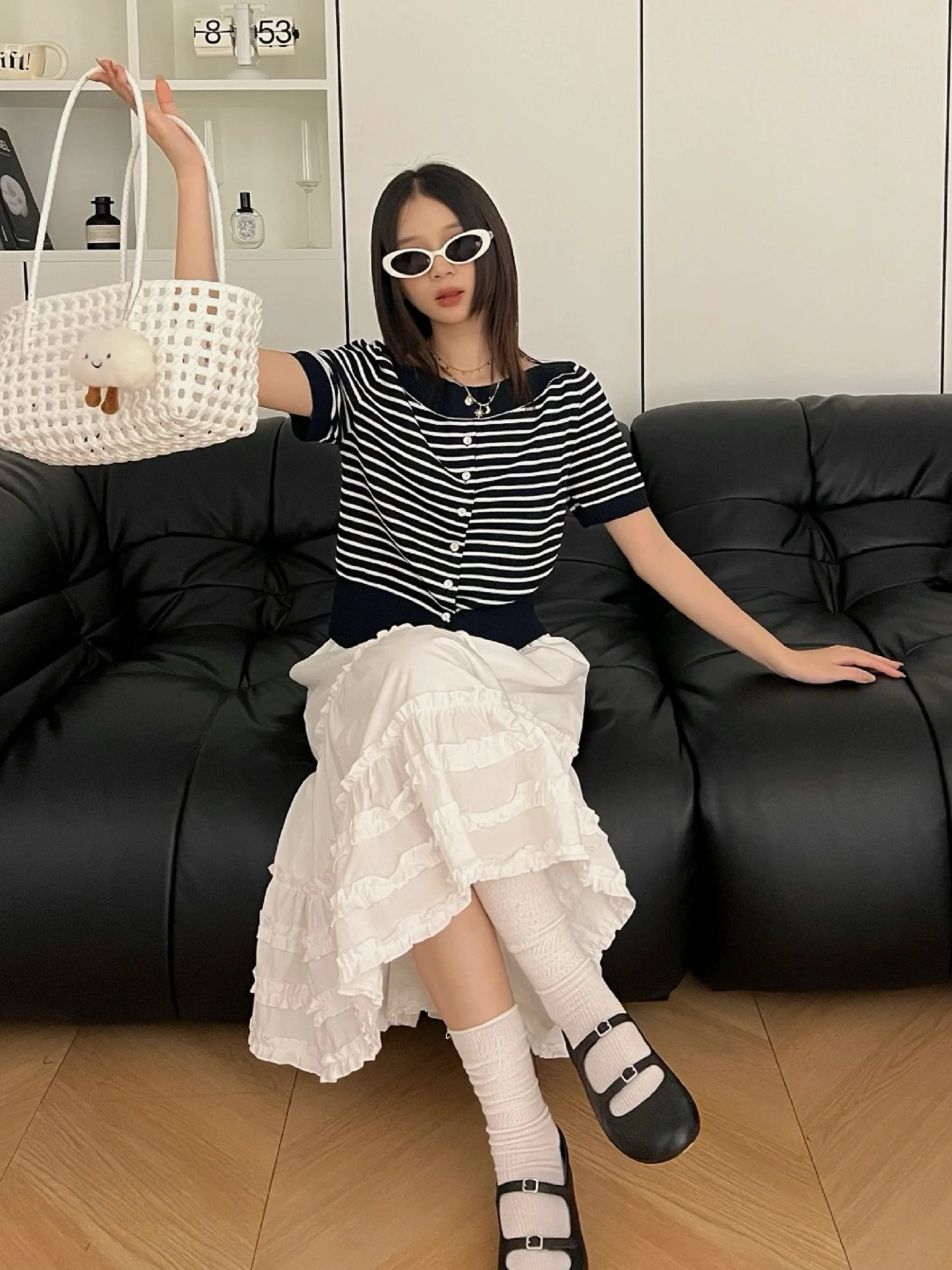 

Color Block Striped Knitted Cardigan Women's Spring Summer Short Sleeve One Shoulder Top Versatile Slimming Korean Style 0323