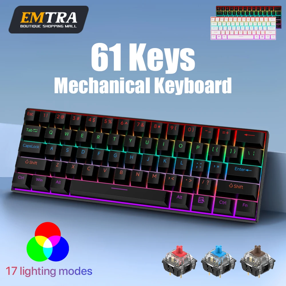 

Wired Gaming Mechanical Keyboard 60% 17 RGB Backlight Modes Hot-Swappable 61 Keys Brown Blue Red Switch Keyboard for Office