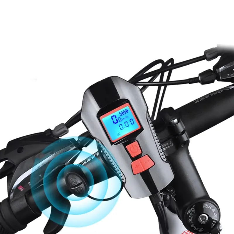 USB Rechargeable Bicycle Front Light Waterproof With Odometer 120dB Horn Multi‑Function Bike Headlight