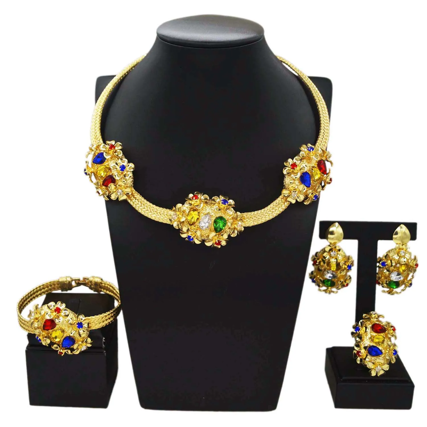 Yulaili High Quality Luxury Gold Multi Color Diamond Silver Flowers Necklace Earrings Ring Beautiful Women's Festival Gifts